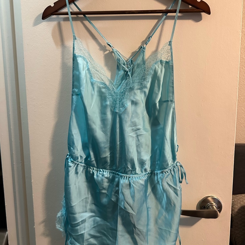 Victoria's Secret Light Blue Satin Lace-Trim Chemise Romper